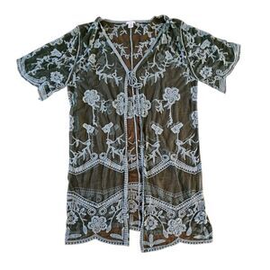 Mi Ami Women's Sage Green Sheer Lace Tie Front Kimono Large Boho Tree Fairy